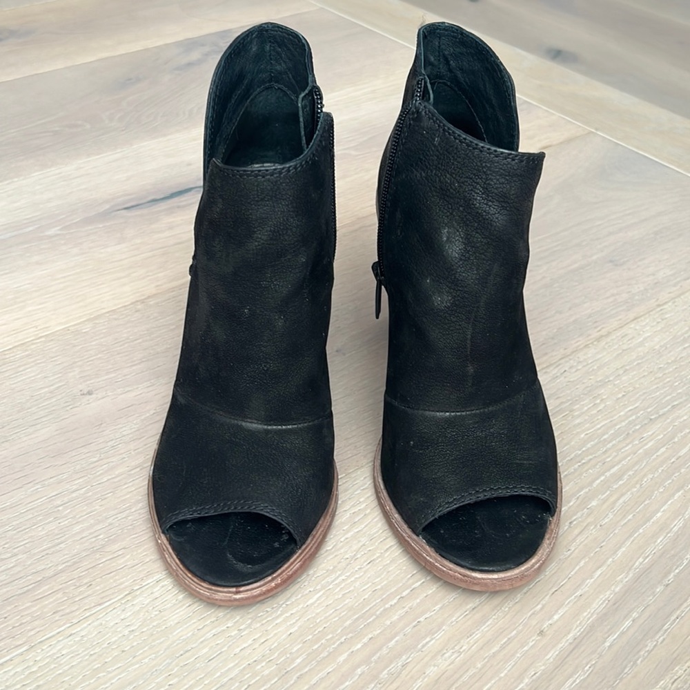 Black distressed suede open toe bootie